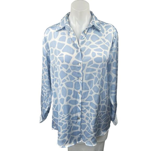 Zara Tops - Zara Blue White Silk Satin Animal Print Long Sleeve Button Down Shirt Top Size S